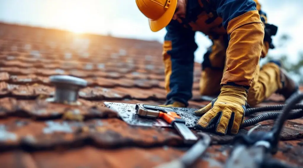 Roofing contractor performing a detailed inspection on a residential roof in Winchester