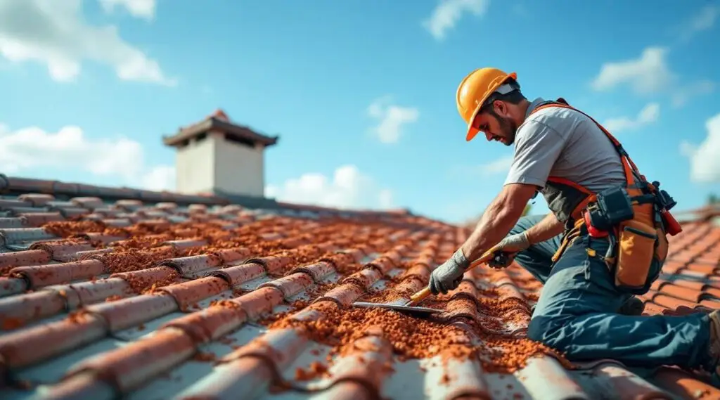 Commercial building with a new clay tile roof under a clear Winchester sky