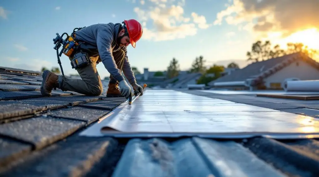 Professional roofing crew installing new asphalt shingles on a residential roof in Winchester