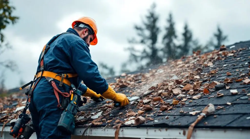 Damaged roof shingles after a Winchester storm, with a Tri Peak Roofing truck nearby for repair