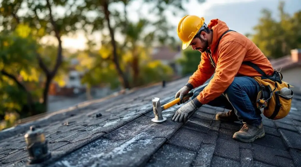 Close-up of a roofing contractor inspecting damaged asphalt shingles on a Winchester roof
