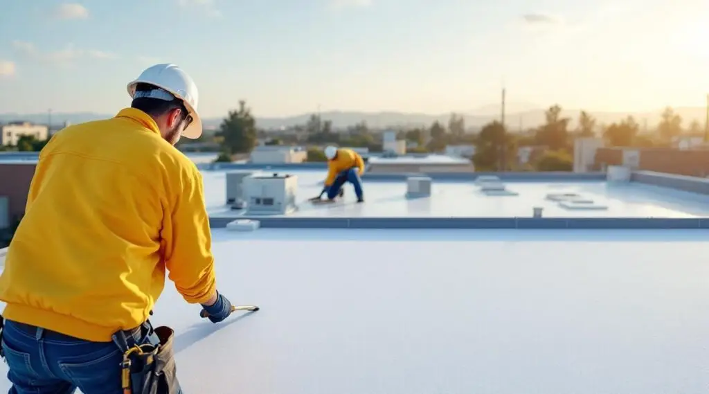 Commercial building with a newly installed white TPO roof in Winchester, reflecting sunlight